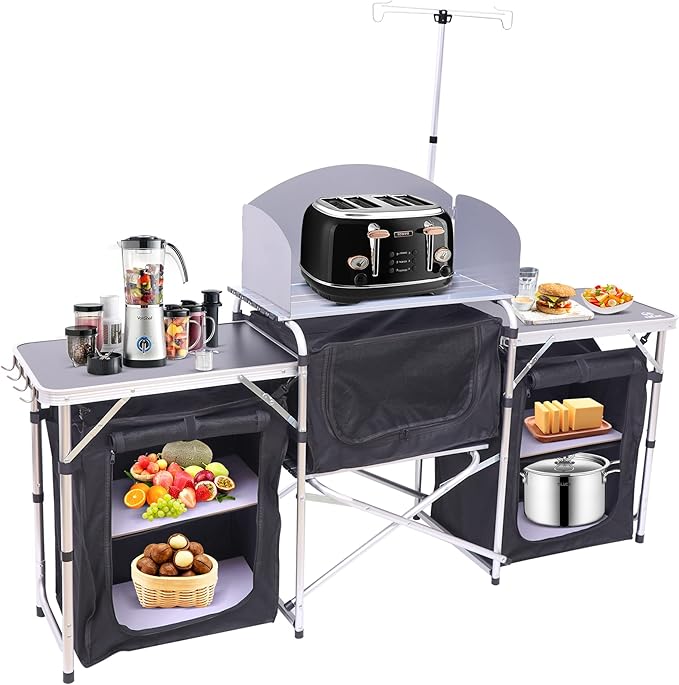 Nice C Camping Kitchen Table, Folding Cook Table, Cook Station (Silver) | Portable Grill Table, Upgraded Light Stand, Windshield, 3 Organizers, Carry Bag, Grill, Outdoor, Beach, BBQ, Picnic, Cooking - Image 3
