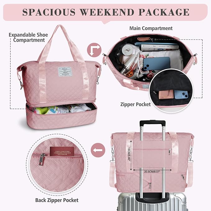 Geestock Travel Duffle Bag - Weekender Overnight Bags for Women, Pink | Travel Bag with Expandable Shoe Compartment & Trolley Sleeve, Lightweight Carry On Bag with Drawstring Storage Pouch for Trip - Image 7