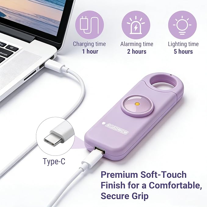Rechargeable Personal Safety Alarm for Women | 130dB Loud Siren & Strobe Light & Low Battery Notice, Emergency Keychain Alarm for Self Defense (Lavender Purple) - Image 6