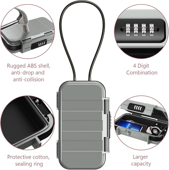 LOFICOPER Portable Safe Box, 4 Digit Combination Security Case, Waterproof Travel Lock Box, Small Beach Safe with Removable Chain, for Sports, Travel, Home, Office, Grey - Image 3