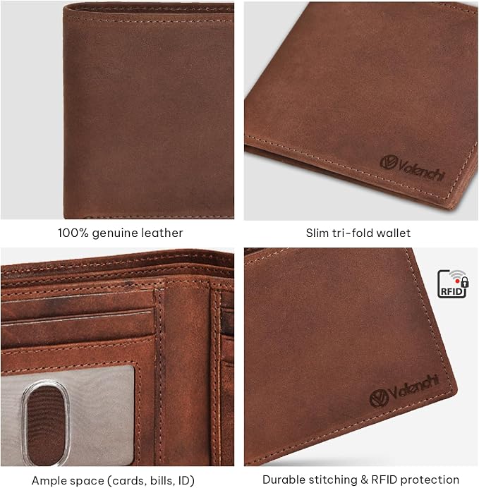 VALENCHI Genuine/Real Leather Bifold Wallet For Men - RFID Blocking/Protected Men's Slim Wallet - Christmas Gifts For Men (Brown Crazy Horse BF01) - Image 4