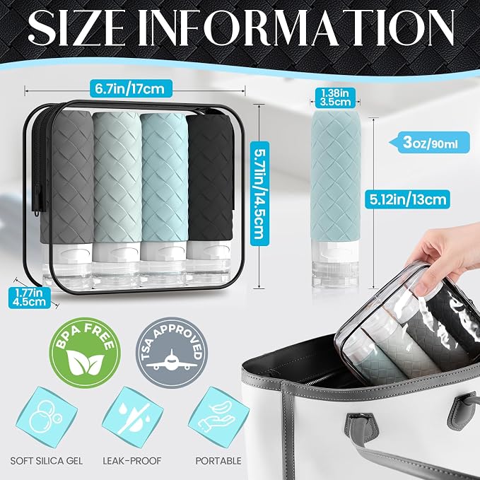 Silevoler Travel Bottles for Toiletries, TSA-Approved Travel Size Container | Woven Pattern BPA Free Silicone Leak Proof Refillable Liqus Shampoo And Conditioner Essentials Toiletry Bottles(Gray) - Image 3