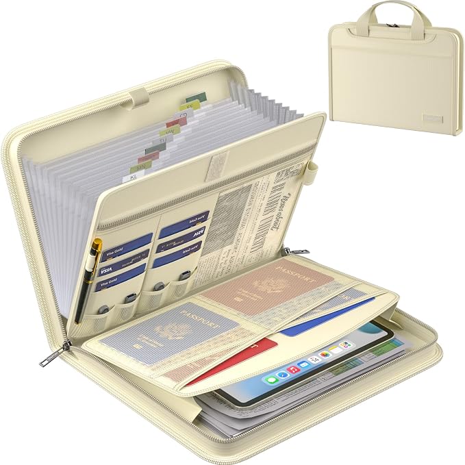 ENGPOW Accordion File Organizer,Fireproof Expanding File Folder with Multi Pockets,13 Pockets Document Organizer Bag with Handle & Labels,Portable Home Travel Safe Storage for Letter A4 Files,Beige by ENGPOW