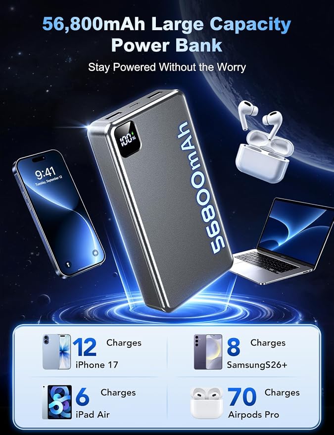 Portable Charger 56800mAh, 22.5W Fast Charging Power Bank with LED Display | Portable Phone Charger for Camping Travel Essential Compatible with iPhone 17/16/15/14/13 Series, Samsung, Google,iPad-Gray - Image 3