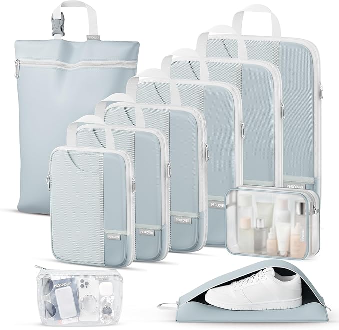 Percover Compression Packing Cubes for Travel, 10-Piece Structured Compression Organizer Set with Toiletry Bag, Laundry Bag & Shoe Bag for Carry-On & Checked Luggage, Slate Blue by Unknown