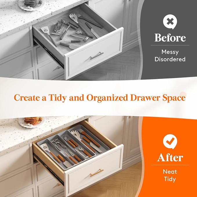 Lifewit Utensil Organizer for Kitchen Drawer, Expandable Cooking Tray | Adjustable Cutlery Flatware Holder, Plastic Silverware Spatula Tools Storage Divider, 11.9-17.3 x 15.8", Gray - Image 7