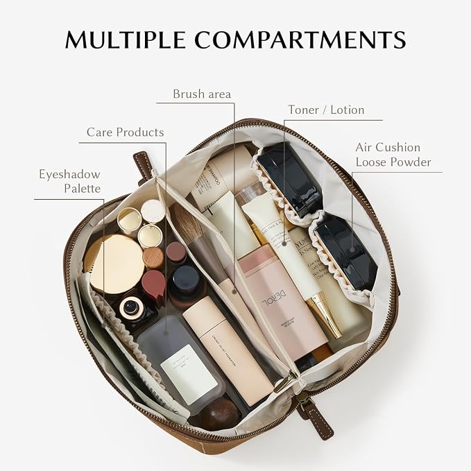 EACHY Travel Makeup Bag for Women, Faux Suede Cosmetic Bag, Brown, Medium | Faux suede organizer with flat-open access, clear TPU brush pocket and carry handle for daily makeup, toiletries and travel - Image 2