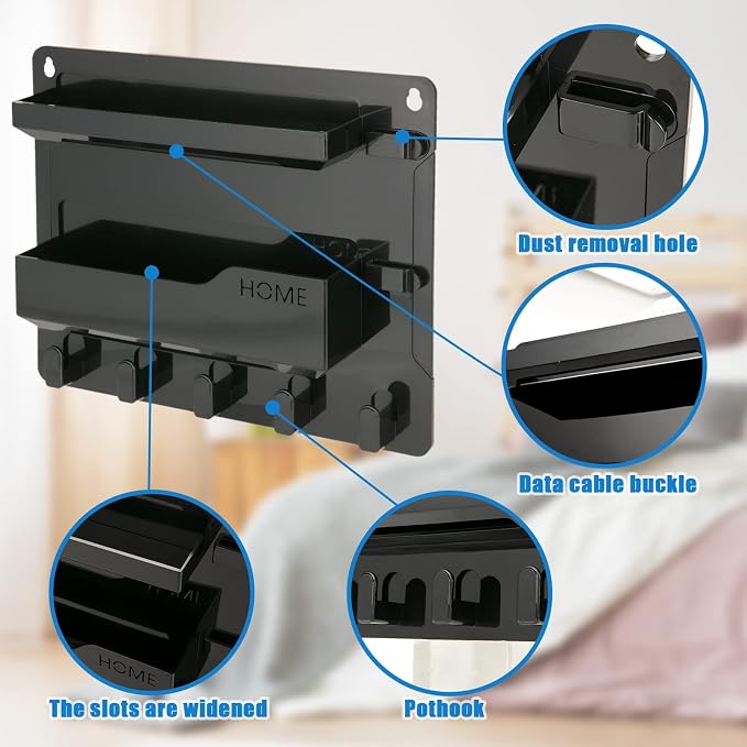 YONGAIJIA Bedside Shelf Wall Mount with Hooks, Cable Clips, No-Drill, Black | RV Shelf ,Camper, Dorm Room Essentials, Bunk Bed, Damage-Free Adhesive, Floating Organizer, Holds Phone Remote Glasses - Image 4