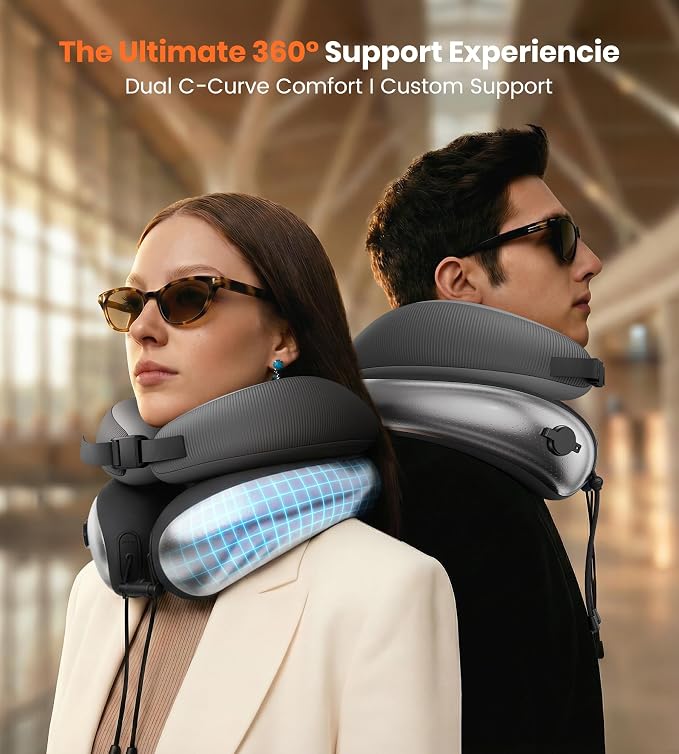 Neck Pillow for Traveling, Travel Pillows for Airplanes, Adjustable Neck Pillow Airplane Travel Essentials - 2 Layer Patented | Inflatable Air Loop & Memory Foam for 360° Ergonomic Support - Image 3