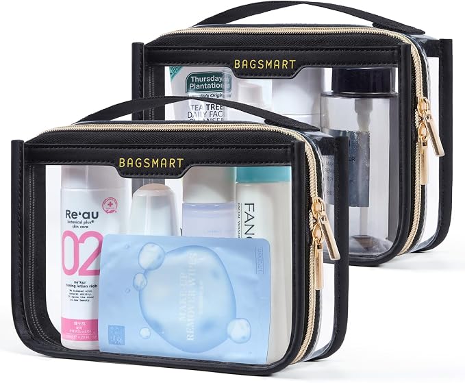 BAGSMART Clear Toiletry Bag for Travel, TSA Approved, 2-Pack, Black | Makeup Cosmetic Pouch Bag for Women, Quart Size Compliant Bag Organizer for Travel Essentials by BAGSMART
