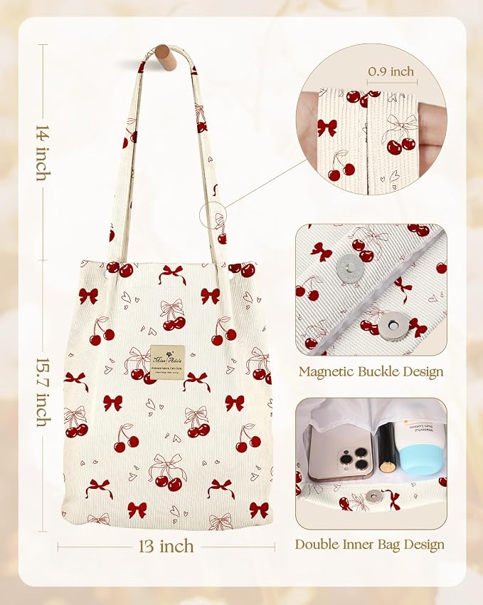 Miss Adola Corduroy Tote Bag for Women with Aesthetic Design | Magnetic Buckle & Pocket, Reusable, Soft, Roomy, Long Shoulder Handles, Double-sided Print, Casual Daily Work, Grocery Bags - Image 5