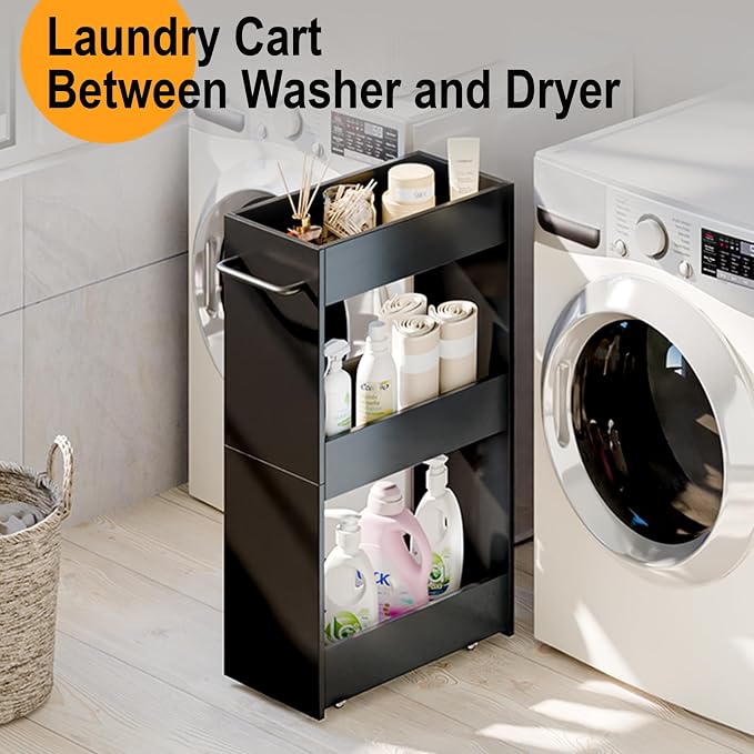MARTY Slim Rolling Storage Cart 7.9" W Laundry Cart with Wheels,Wood, Black | Narrow Utility Cart Between Washer and Dryer, 3 Tier Mobile Shelving Unit for Kitchen, Laundry, Bathroom, Office, Living Room - Image 3