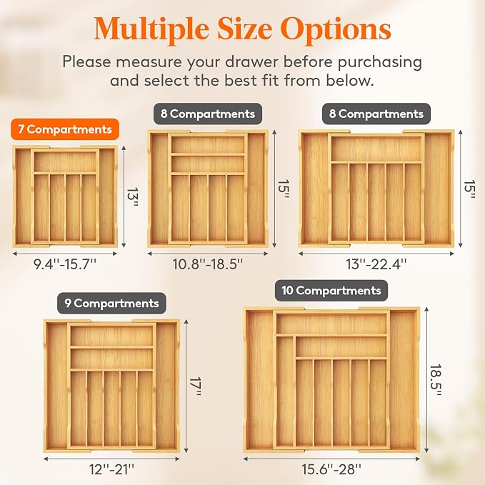Lifewit Silverware Drawer Organizer, Wooden Utensil Tray for Kitchen | Expandable Flatware and Cutlery Holder, Adjustable Storage for Spoons Forks Knives, 9.4-15.7x13", Natural - Image 2