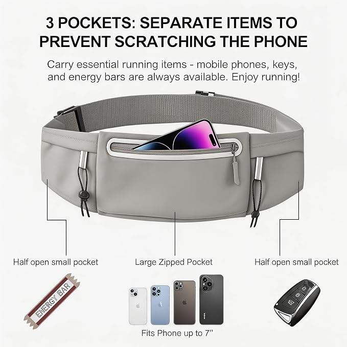 Running Belt Fanny Pack:3 Pocket Waist Bag for Men Women Workout Exercise Fitness Phone Holder Fits All Phones - Runner Marathon Jogging Race Belt with Bib Clip (Grey) - Image 2