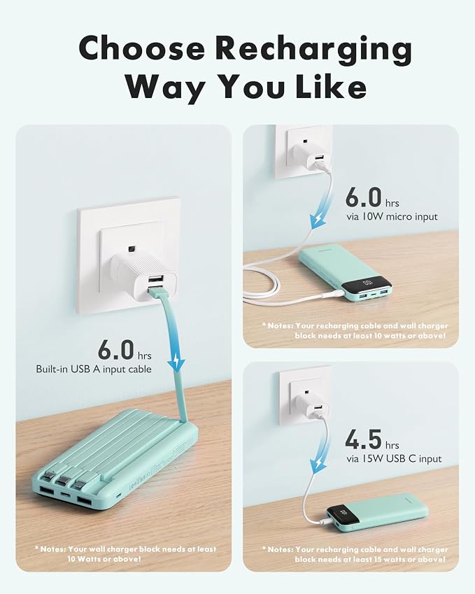 charmast 10000mAh Power Bank Portable Charger with 4 Built-in Cables | Reinforced for Durability,6 Outputs,3A Fast Charge,LED Display,TSA Compliant,Travel Must-Have,for Commuter,College Student - Image 4