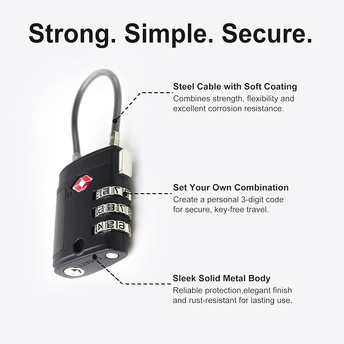 TSA Locks for Luggage, Small Padlock Combination, Luggage Locks TSA Approved, Combo Padlocks with Cable for Suitcase, Gym Locker, Backpack, Gun Case, Bag Zipper, Tool Box (Black+Black) - Image 4