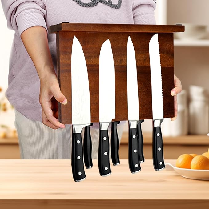Magnetic Knife Block Double Sided Magnetic Knife Holder Rack with Strong Enhanced Magnets Acacia Wood Magnetic Knife Storage Stand-Dark Brown - Image 2