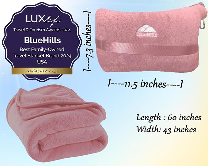 BlueHills Premium Soft Plush Mini Travel Blanket Pillow Car Dusty Rose Pink | Compact Airplane Blanket, Portable Pillowcase, Long Flights, 2 in 1 Plane Essentials, Luggage Strap & Carabiner, Lightweight - Image 5