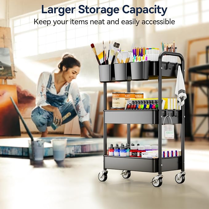 3 Tier Rolling Cart, Heavy Duty Metal Utility Cart with Wheel Black | Sturdy Rolling Storage Cart With Hooks & Hanging Cups, Great For Craft, Art Workspace, Kitchen ,Snack And Office Storage - Image 4