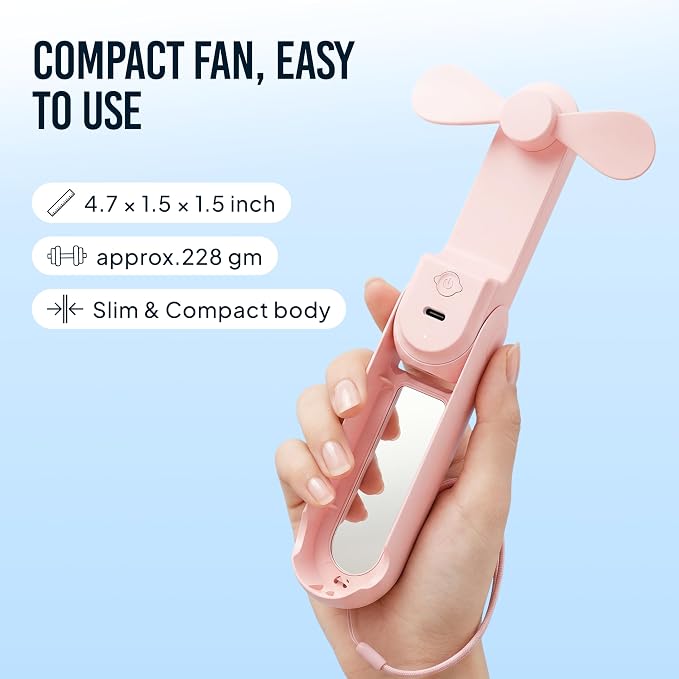 3-in-1 Portable Handheld Fan with Mirror & Flashlight - Mini Personal Fan, 22H Cooling, USB Rechargeable Travel Fan for Women, Makeup, Concerts & Summer (Pink) - Image 3