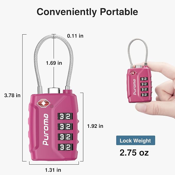 Puroma 2 Pack TSA Approved Luggage Locks 4 Digit Code Cable Lock Pink Dark | Resettable, Flexible Cable, Zipper holes, Zinc Alloy, Bright Color, Large White Numbers, Suitcase Train Travel, laptop bag - Image 3