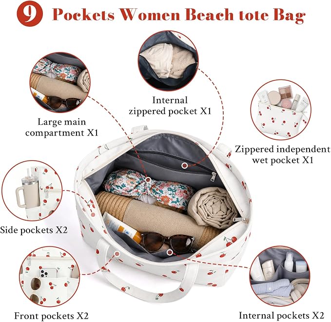 Large Beach Bags for Women, Waterproof Sandproof Beach Tote Bags Swim Pool Bags with Zipper & Wet Pocket Family - Image 6