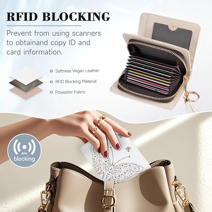 KITEVIUN Women RFID Blocking Small Bifold Wallet, Compact Cash Clutch with Zipper Coin Pocket, Glittery Butterfly Design, Credit Card Holder, Travel Purse with Tassel WHITE - Image 6