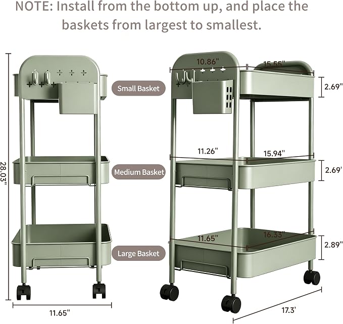 Heavy-Duty Rolling Cart 3 Tier Metal Utility Storage Cart | with Casters, Hooks & Hanging Cups, Rolling Storage Organizer for Kitchen Office Craft Snack Book - Image 2
