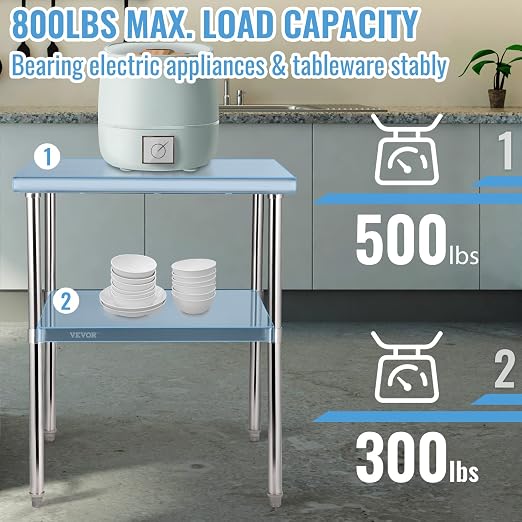 VEVOR Stainless Steel Prep Table, 30 x 30 x 36 Inch, 800lbs Load Capacity Heavy Duty Metal Worktable with Adjustable Undershelf & Feet, Commercial Workstation for Kitchen Garage Restaurant Backyard - Image 6