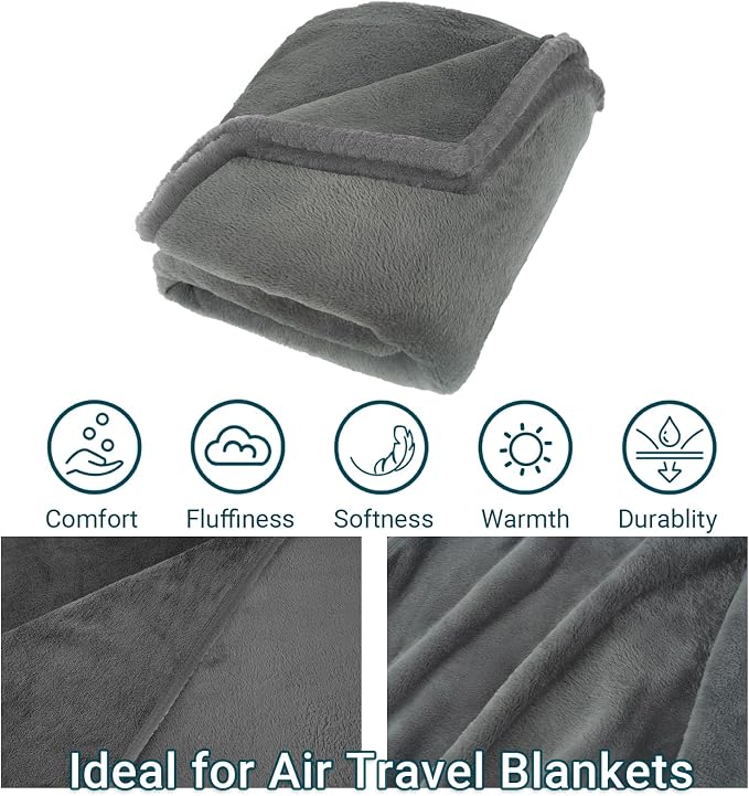 Travel Blanket and Pillow Set for Airplane, 300 GSM Soft Fleece Compact Travel Blanket with Inflatable Pillow and Carry Bag, 60x43 Inches, Grey - Image 6