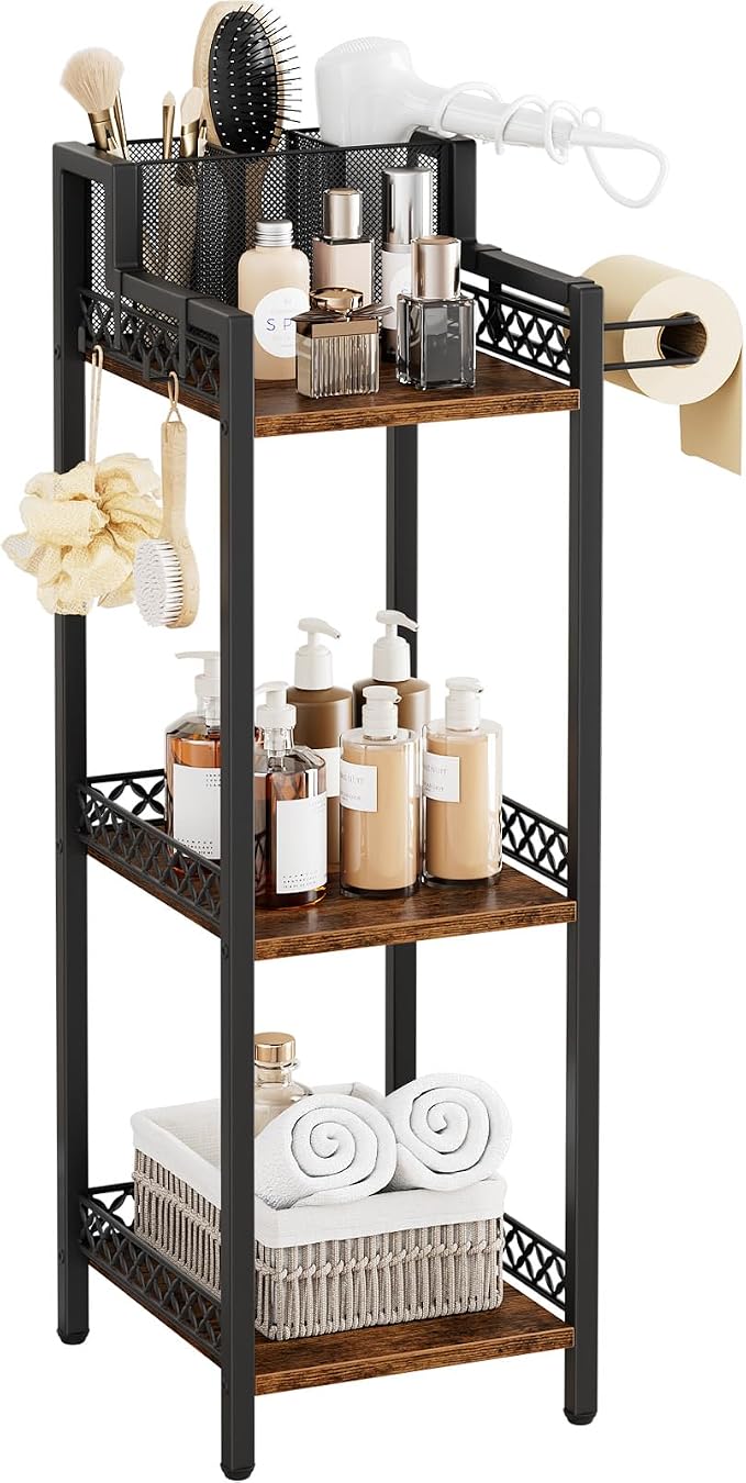 Bathroom Storage and Organizer Shelf Hair Dryer Holder, 9.85in | 3-Tier Narrow Metal Standing Rack with Toilet Paper Holder,Makeup Stand for Cosmetic, Vanity, Kitchen, Laundry Rustic Brown by HomeLivingStorageOrganizer