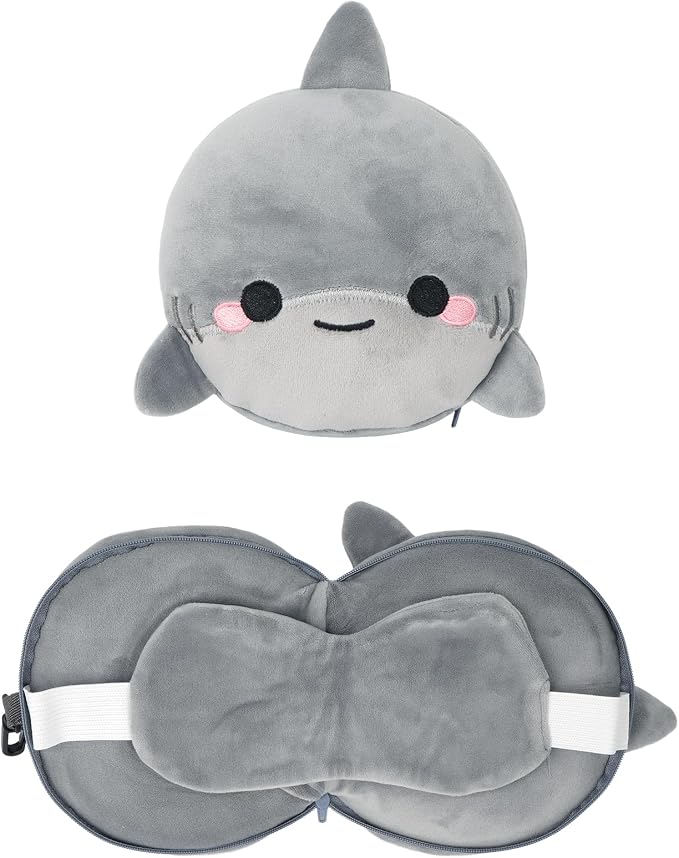 U Scinan Cute Animal 2-in-1 Travel Pillow and Eye Mask – Portable Neck Pillow with Adjustable Strap, Soft Plush Support for Airplane, Car, Train(Shark) - Image 7