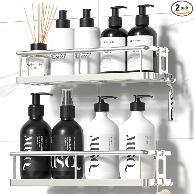 Shower Caddy Adhesive, Rustproof Shower Organizer, Large Capacity Shower Shelves for Inside Shower, No Drilling Bathroom Organizers and Storage for Home Decor （2 Pack Silver） by YASONIC