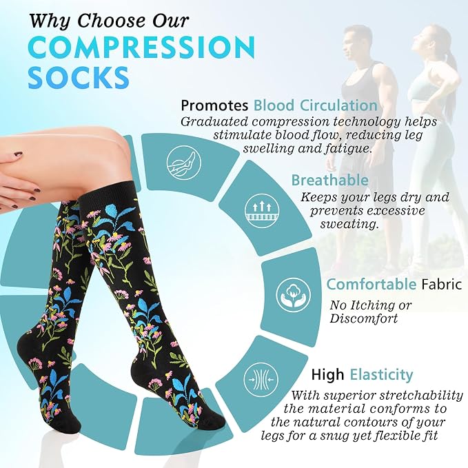 Compression Socks for Women & Men 6 Pairs | 20-30 mmHg Breathable & Moisture-Wicking Comfortable & Skin-Friendly Knee High Support Socks for Nurse, Travel, Pregnancy - Image 2
