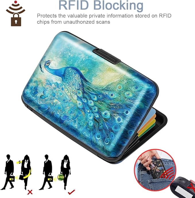 Coco Rossi Credit Card Holder RFID Aluminum Small Mini Wallet Women | Metal Wallet, Business Cards Holder, ID Case, Slim Sleeves, Womens Girls Gift, Carry Proof Wallets for Travel, Peacock - Image 3