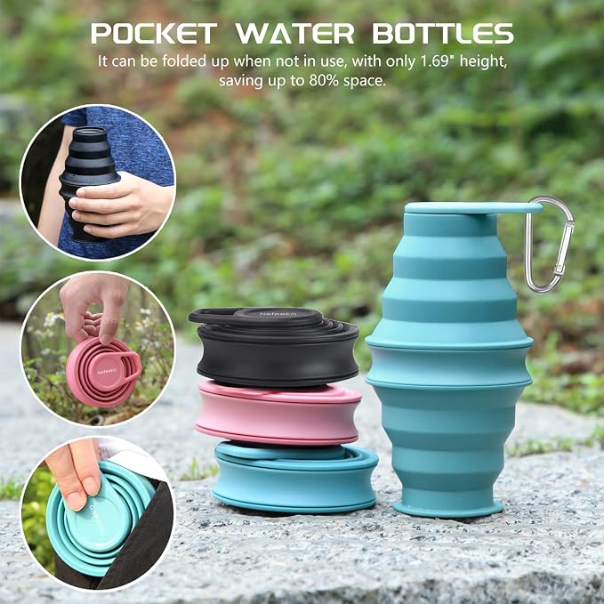 Nefeeko Collapsible Water Bottle, BPA Free Silicone Foldable Water Bottles | 17oz(500ml) Reuseable Water Bottles for Travel Gym Camping Hiking, Portable Leak Proof Sports Water Bottle with Carabiner - Image 6