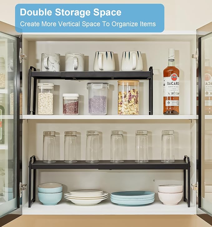 4 Pack Kitchen Cabinet Shelves Organizers, Kitchen Counter Storage Shelf Spice Rack, Expandable Length, Adjustable Height, Stackable, Sturdy 30LBS Bearing, Small Cupboard Tabletop Organizer Shelf Rack - Image 6
