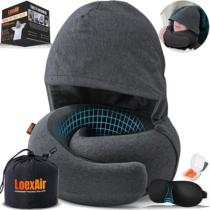 LOEXAIR™ Hooded Pro Travel Pillow - Memory Foam Neck Support Pillow for Airplane, Flight - Super-Soft Pure Cotton Fabric, Maximum Privacy & Light-Block Design, Lightweight Full Travel Kit - Dark Grey by LoexAir