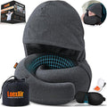 LOEXAIR™ Hooded Pro Travel Pillow - Memory Foam Neck Support Pillow for Airplane, Flight - Super-Soft Pure Cotton Fabric, Maximum Privacy & Light-Block Design, Lightweight Full Travel Kit - Dark Grey by LoexAir
