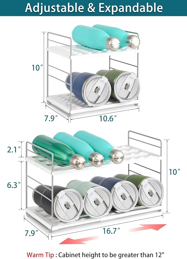 Water Bottle Organizer For Cabinet, Adjustable Tumbler Storage, Expandable Water Bottle Holder For Kitchen Organization, 2 Tier Cup Organizer For Sports Flask Insulated Travel Mug Fridge, White - Image 2