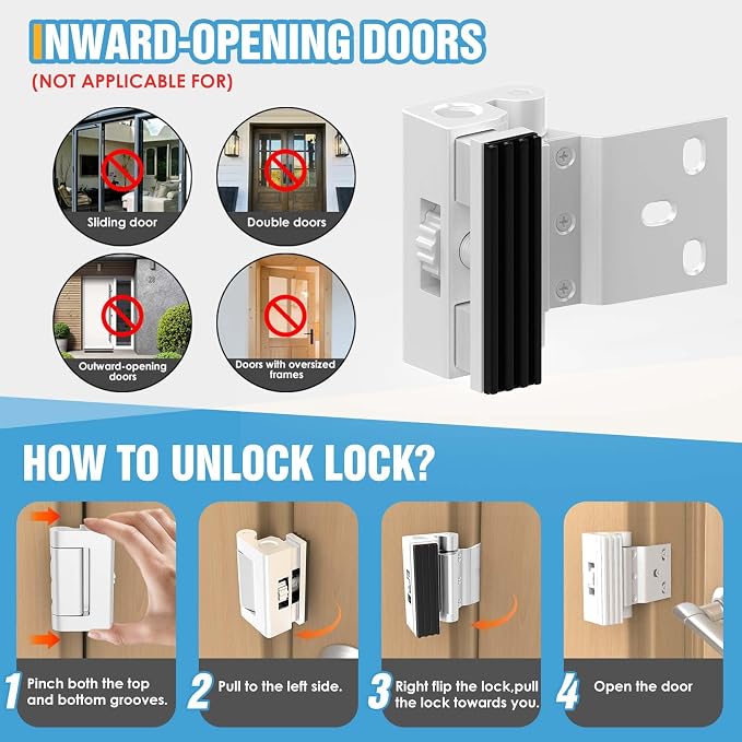 Door Reinforcement Lock 800lbs Security Lock, Heavy Duty Aluminum Alloy Deadbolt for Inward Swinging Doors, Anti-Kick Home Safety with 8 Screws for Apartment, Bedroom, Hotel - Image 5