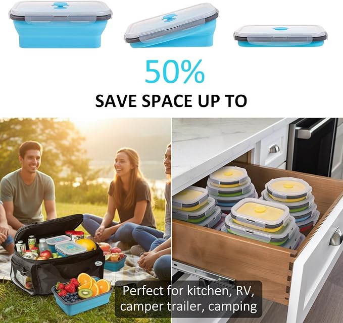 Collapsible Food Storage Containers with Lid & Air Vent, 16 Pack, 8 Rectangular + 8 Round, Annaklin Foldable Silicone Lunch Containers Collapsible Bowls Set, Microwave Freezer Dishwasher Safe, 4-Color - Image 3