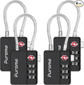 Puroma 4 Pack TSA Locks for Luggage Lightweight 4-Digit Code Padlock Black | TSA Approved, Resettable, Flexible Cable, Zipper holes, Bright Color, Large White Numbers, for Train Travel Suitcase Backpack by Puroma