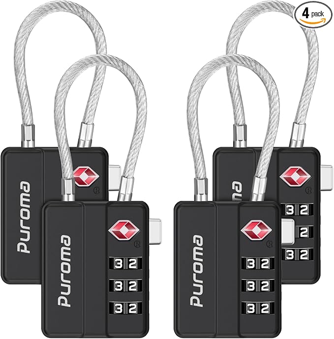 Puroma 4 Pack TSA Locks for Luggage Lightweight 4-Digit Code Padlock Black | TSA Approved, Resettable, Flexible Cable, Zipper holes, Bright Color, Large White Numbers, for Train Travel Suitcase Backpack by Puroma