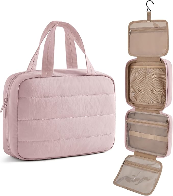 Travel Toiletry Bag - Hanging Makeup Organizer for Women & Men | Portable Hanging Organizer for Travel-Sized Shampoo, Full-Sized Toiletries, Brushes Set, Makeup Accessories, Baby Pink by LIGHTFLIGHT