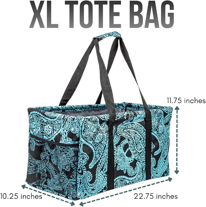 Extra Large Utility Tote Bag - Oversized Collapsible Reusable Wire Frame Rectangular Canvas Basket With Two Exterior Pockets For Beach, Pool, Laundry, Car Trunk, Storage - Paisley Blue - Image 4