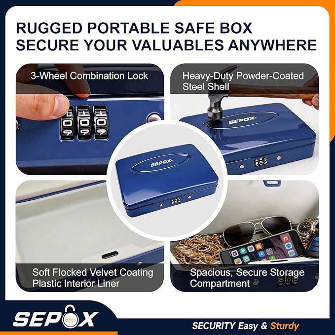 SEPOX® Water Fire Guard Steel Lock Box 3-Ft Security Cable Resettable Combo | For Travel Home Office Dorm Water Fire Guard Steel Lock Box Resettable Code 3-Ft Steel Cable Keyless Portable Small Safe Size - Image 7