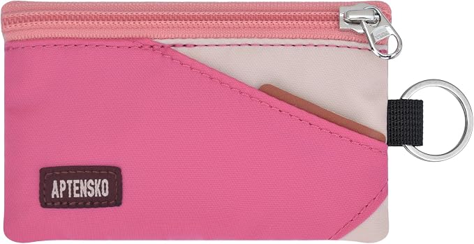 RFID Blocking Travel Wallet with Adjustable Lanyard, Small Nylon Zipper Pouch and Badge Holder for ID, Credit Cards, Cash, Keys, Commuters (Pink+Almond) by APTENSKO