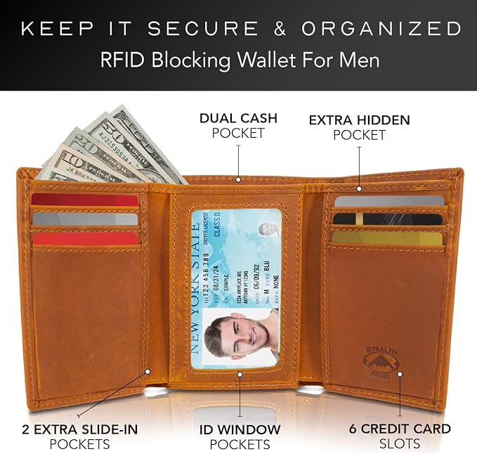 Stealth Mode Trifold RFID Blocking Leather Wallet for Men (Beige) | Top Grain Napa Leather, 9 Card Slots, ID Window, Gift Box – Gift for Dad, Husband, or Son - Image 2