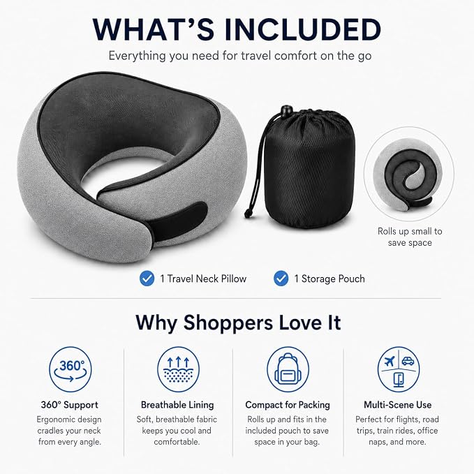 Travel Pillow for Airplane, Memory Foam Neck Pillow for Travel with Chin Support, Washable Cover & Storage Bag, Ergonomic 360° Neck Support for Long Flights, Car, Office, Home, Max Grey - Image 4